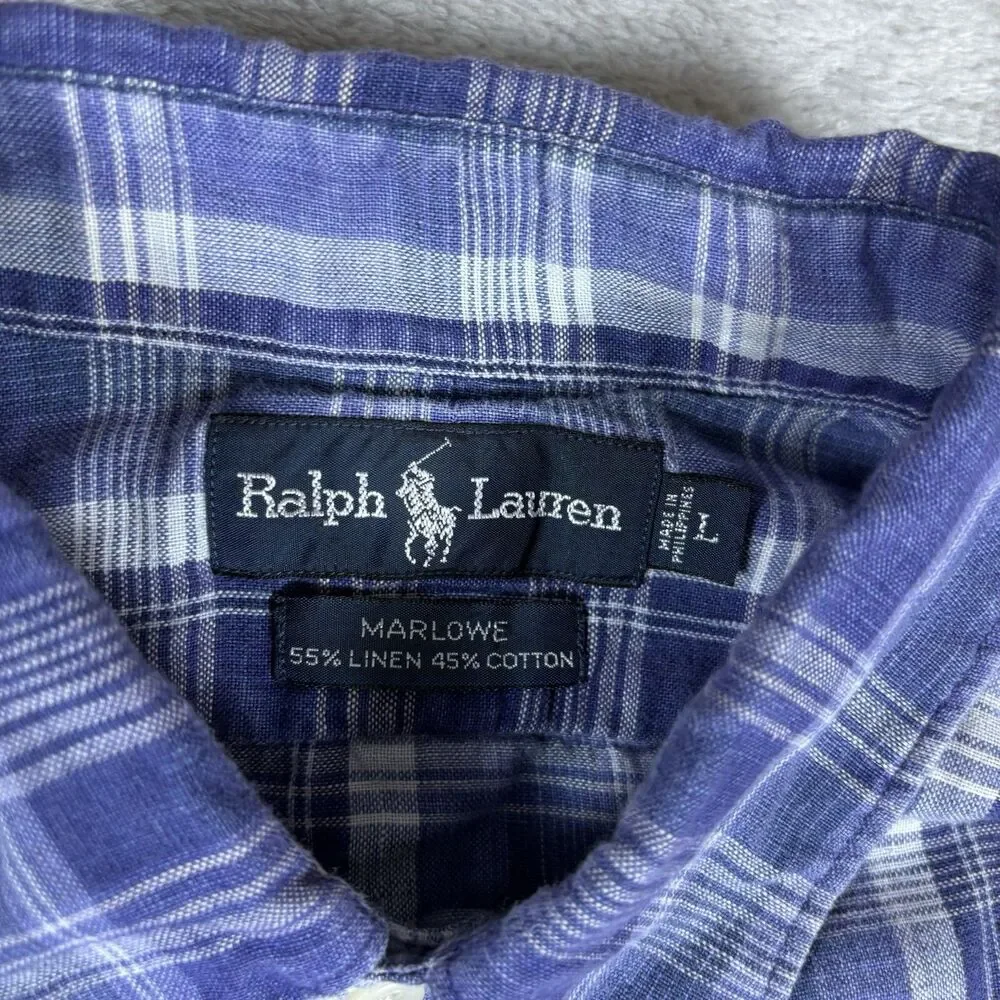 Polo Ralph Lauren‎ Marlowe Linen Blend Short Sleeve Shirt Men’s Large Blue Plaid